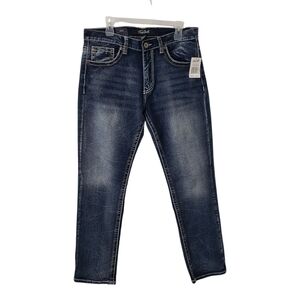 True Luck Men’s Jeans Size 32x32 Straight Stretch Blue Denim Embroidered NEW